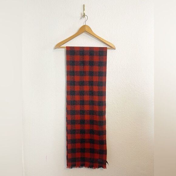 COACH Wool Red & Black Plaid Scarf with Fringe - Picture 3 of 7